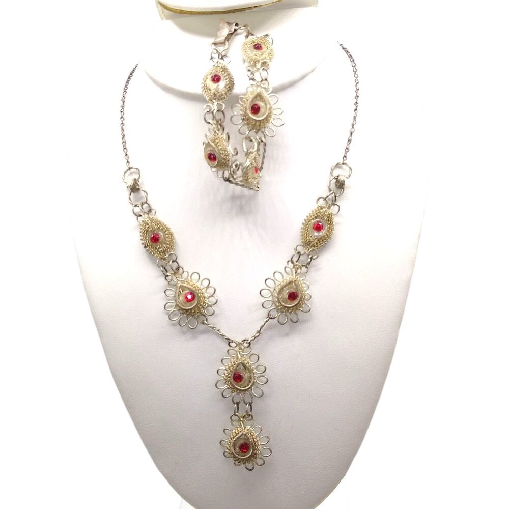 Antique Etruscan Revival Silver Lavalier Necklace and Matching Bracelet, Silver